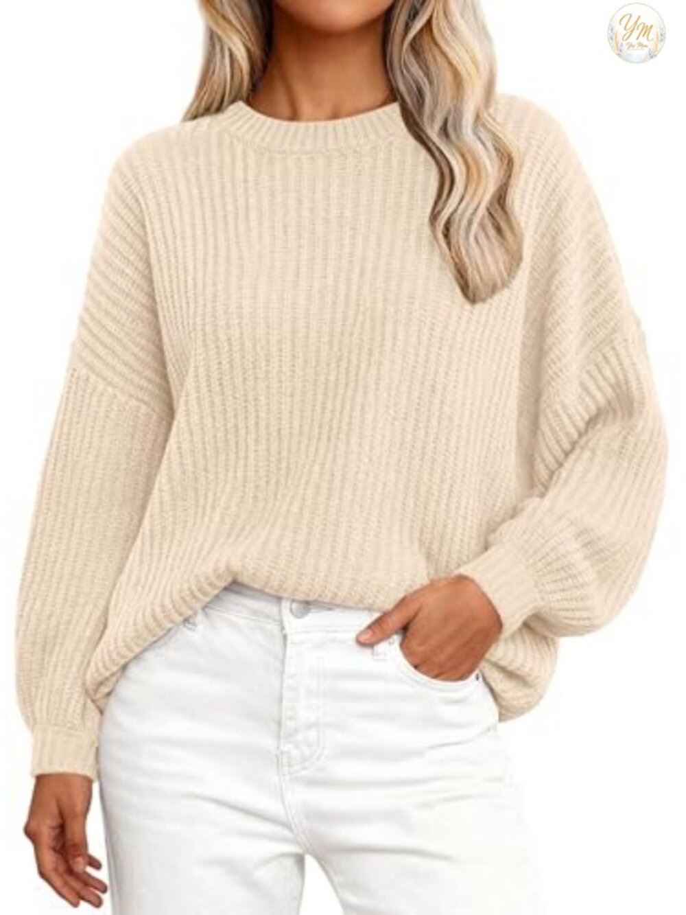 Women's Ribbed Knit Pullover Sweater Long Sleeve Crew Neck Lantern Sleeve